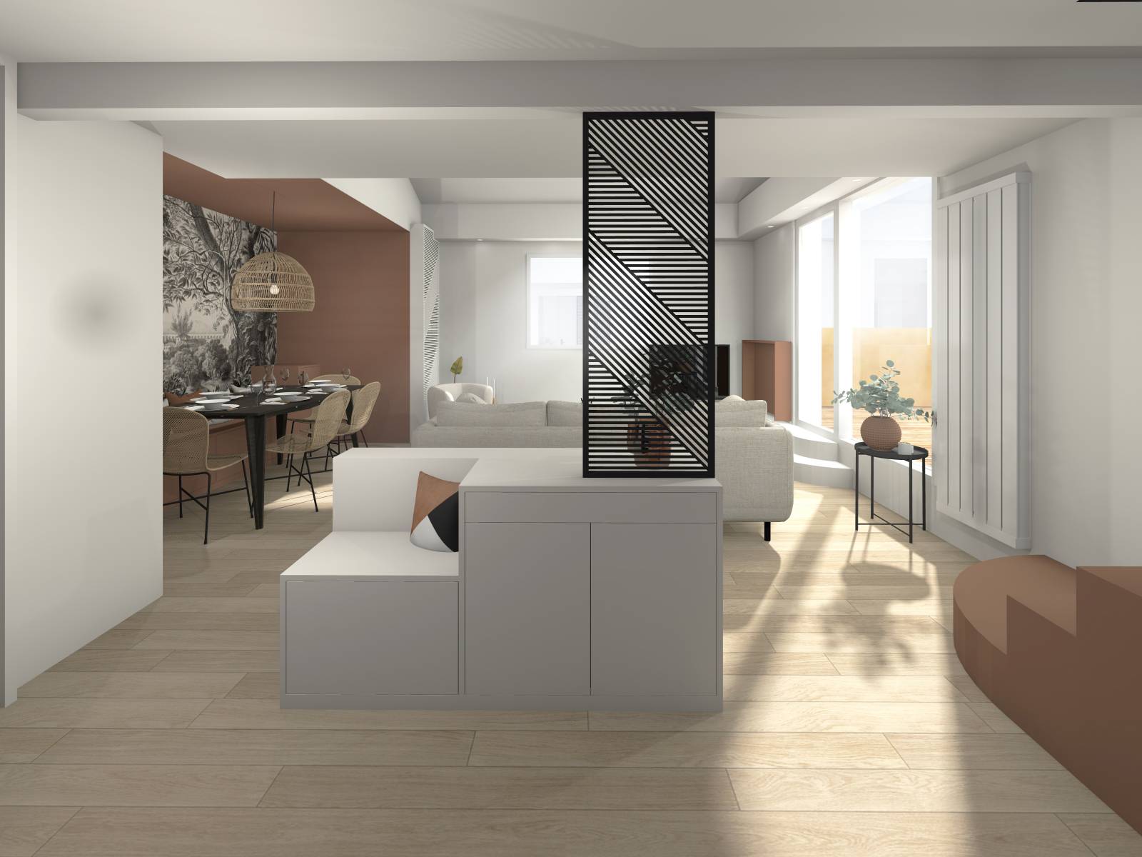 Un meuble sur mesure pour l'entrée avec une assise et un claustra