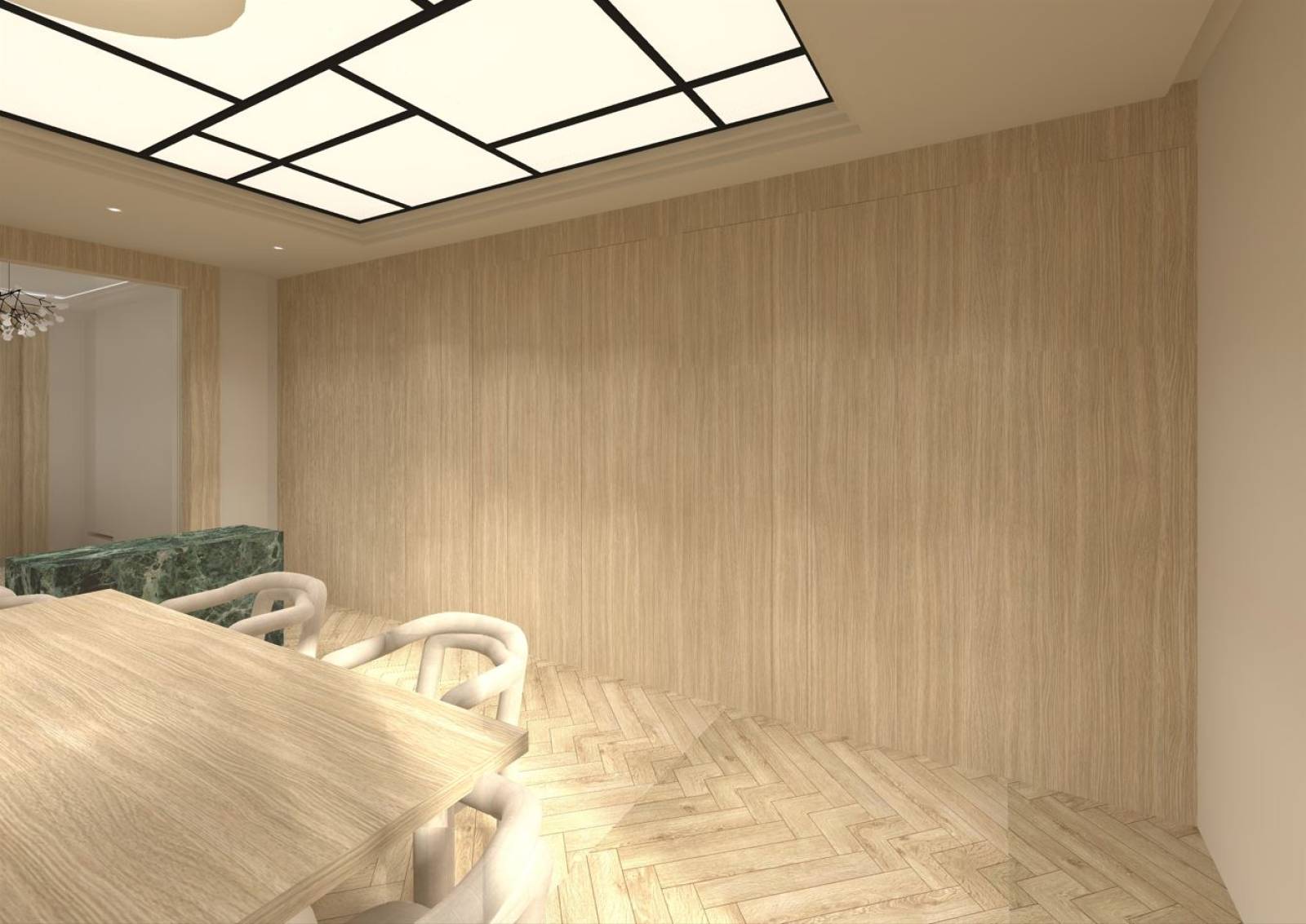 Cuisine dissimulée derrière des panneaux de bois 