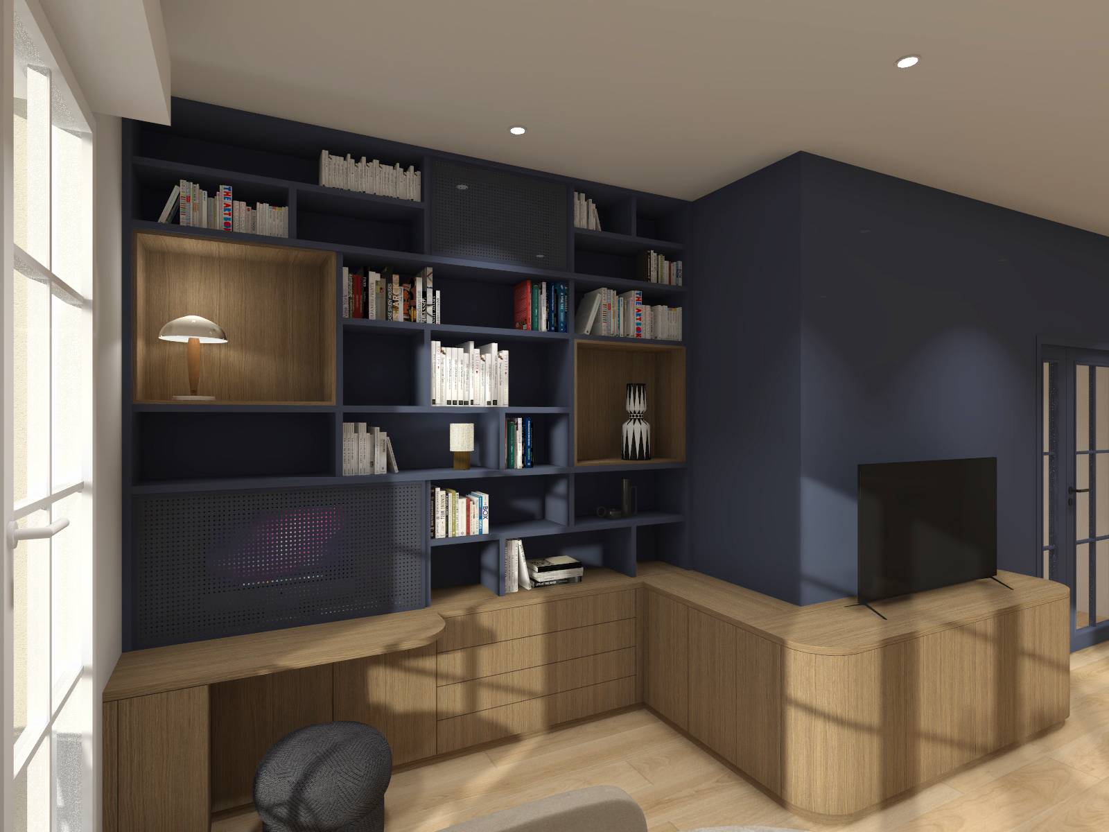 Agencement d'une bibliothèque modulable avec bureau 