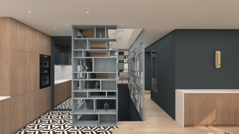 Agencement d'un excalier avec étagères et claustra sur mesure