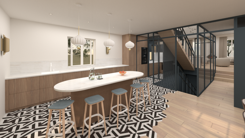 Visuels 3D avec vue sur l'escalier sur mesure et verrières