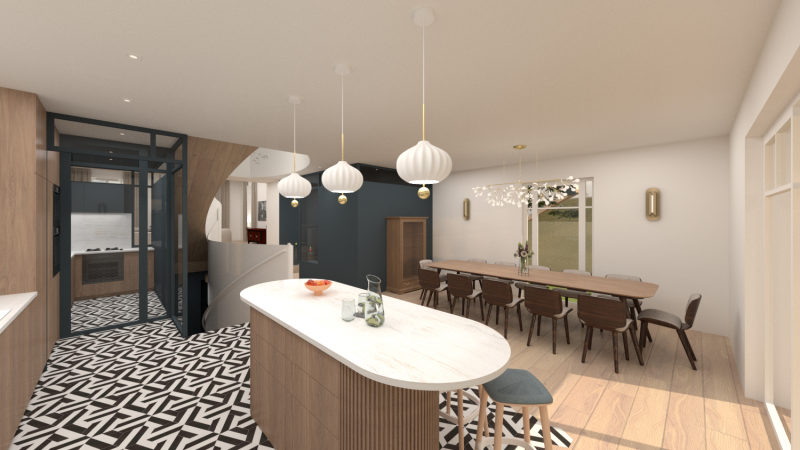 Agencement intérieur avec escalier courbe et sur mesure 