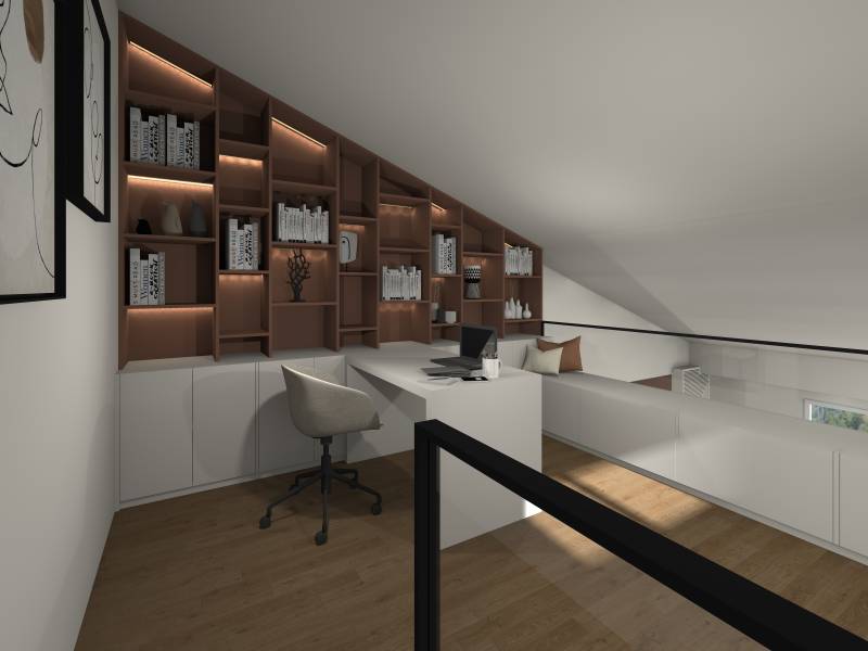 Agencement sur mesure d'une mezzanine avec bibliothèque et rangements 