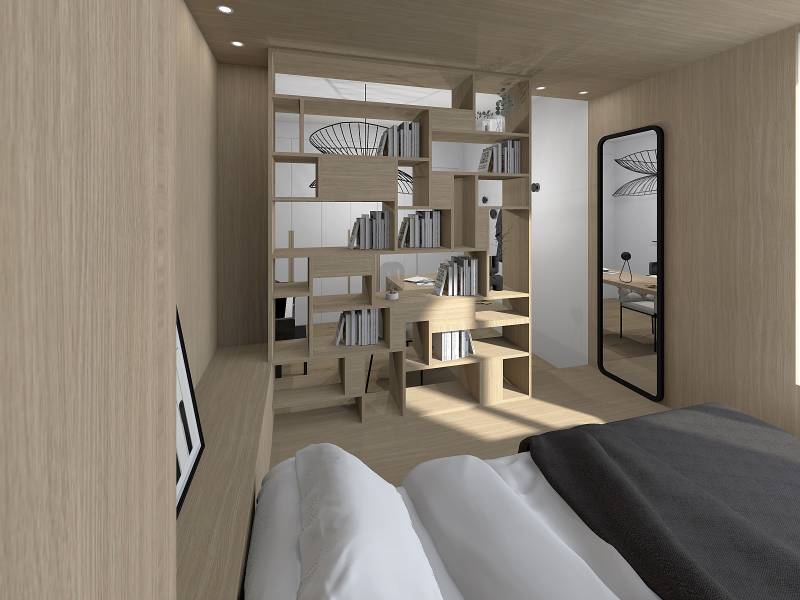 Bibliothèque sur mesure et élément de séparation dans une chambre 