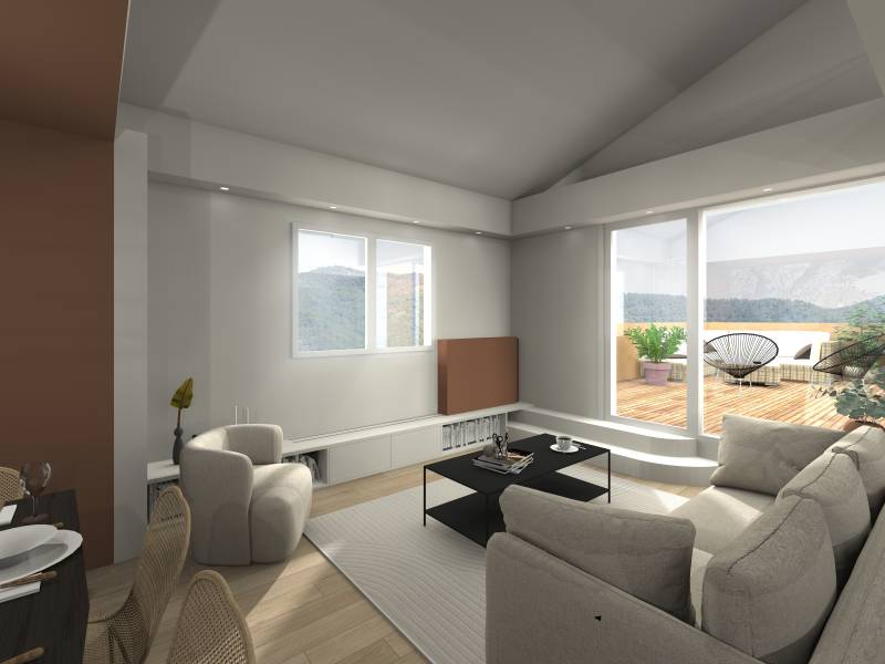 Mobilier bas, sur mesure pour offrir des rangement et un accès à la terrasse