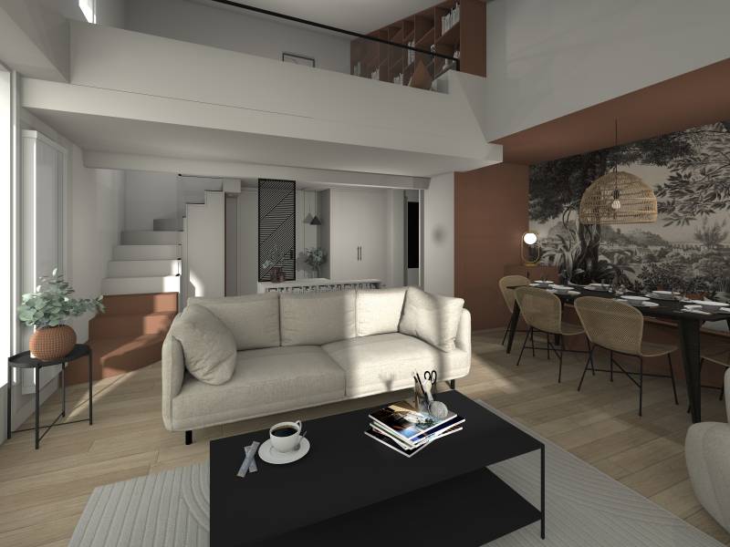 Visuels 3D d'ensemble de l'espace vie à rénover à Lyon