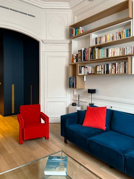 Mobilier sur mesure et aménagement d'un séjour pour la rénovation d'un appartement haussmannien à Lyon