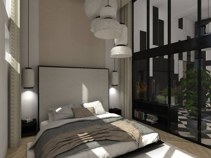 Agencement d'une chambre avec grandes verrières