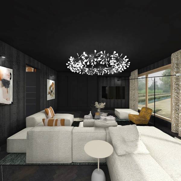 L'intérieur sombre contraste avec le mobillier clair