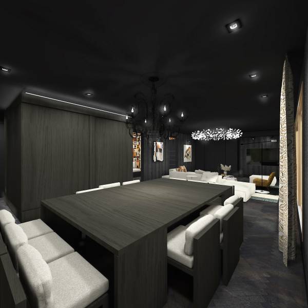 Contraste raffiné : mobilier clair contre un intérieur sombre et élégant