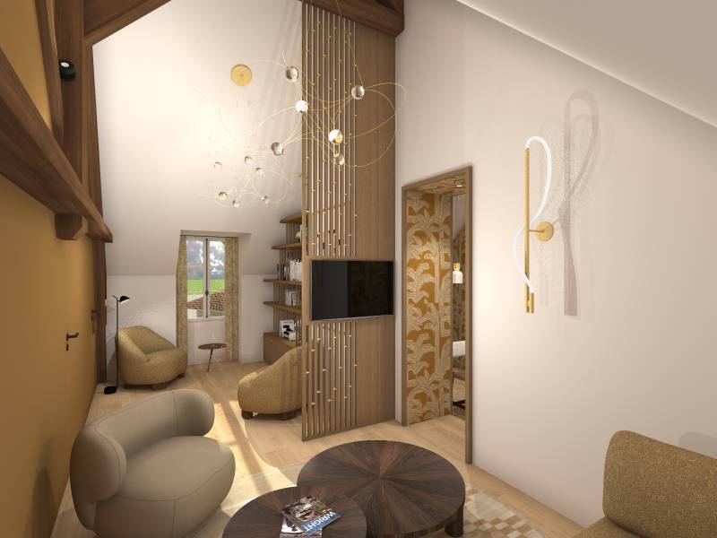 Agencement d'une pièce de vie séjour et bibliothèque 